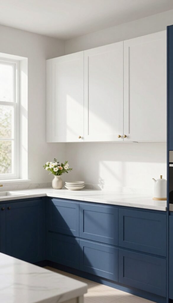 Bright kitchen with two-tone cabinets, white uppers and navy lowers, natural light, marble countertops, and fresh flowers.