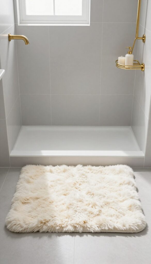 A luxurious faux fur shower mat in a bright bathroom with modern tiles and brass fixtures, adding cozy warmth and glamour without looking cheap.