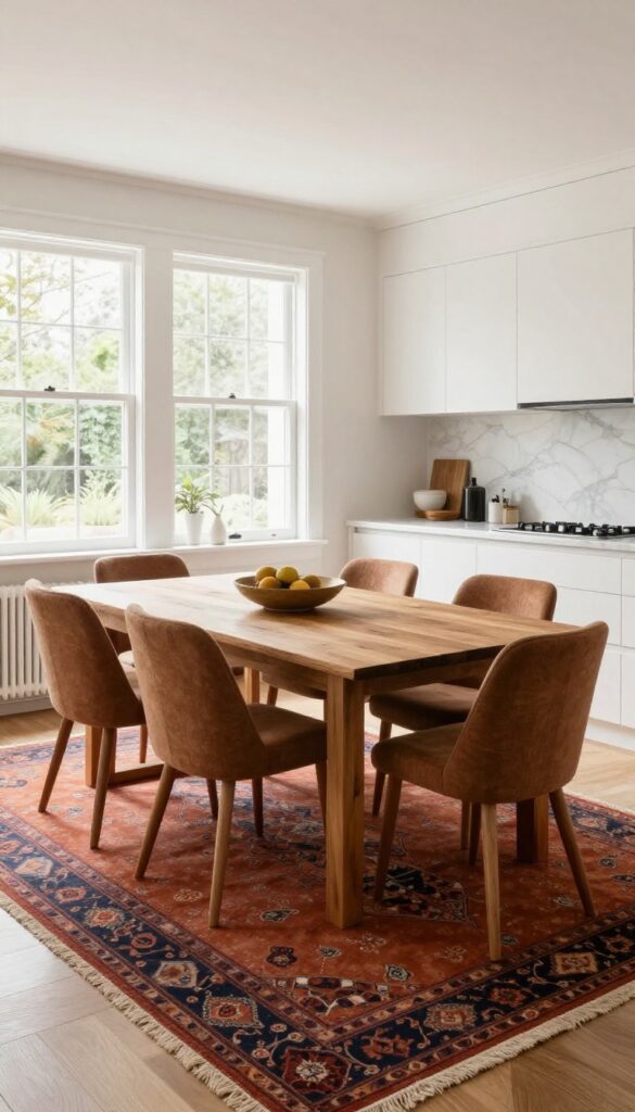 Open-plan kitchen diner with a statement rug defining the dining area