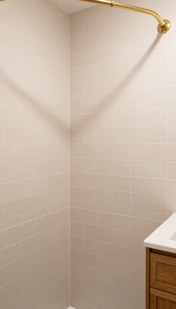 Beige brick pattern tile with matte finish in a shower, warm brass fixtures and wood vanity.