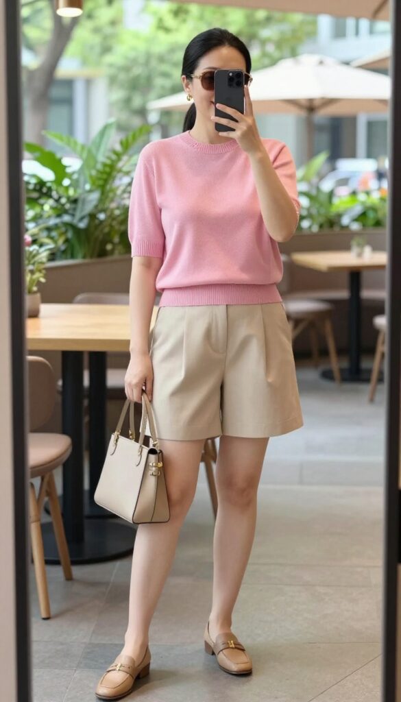A woman wearing a light knit top and pleated shorts outfit for summer, styled with loafers, gold jewelry, and a mini handbag, posing in a casual outdoor setting.