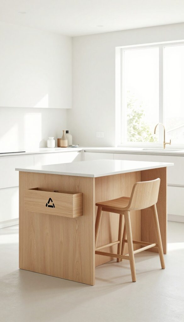 A kitchen island with a hidden trash pull-out, featuring a seamless panel and bar stools, in a bright, modern kitchen.