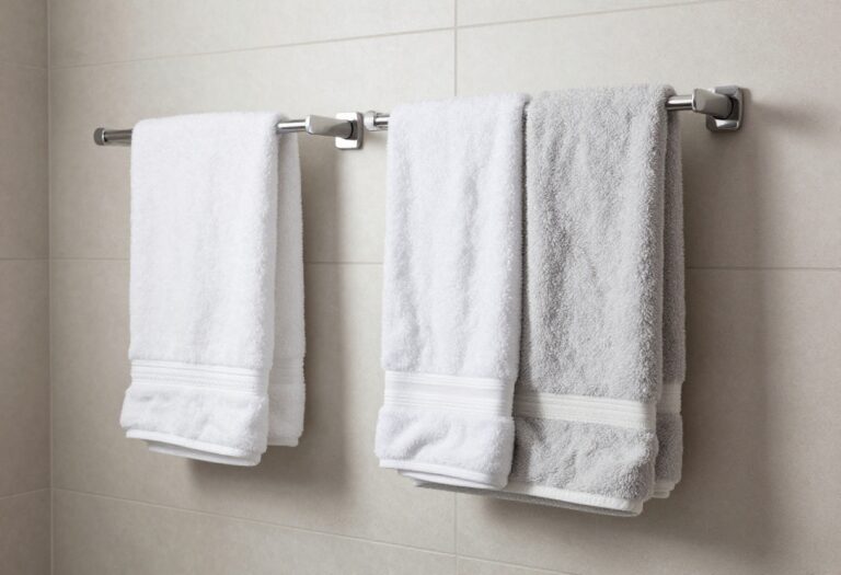 Modern bathroom featuring a wooden ladder towel rack with white and gray towels, showcasing stylish and practical storage in a clean, neutral setting.