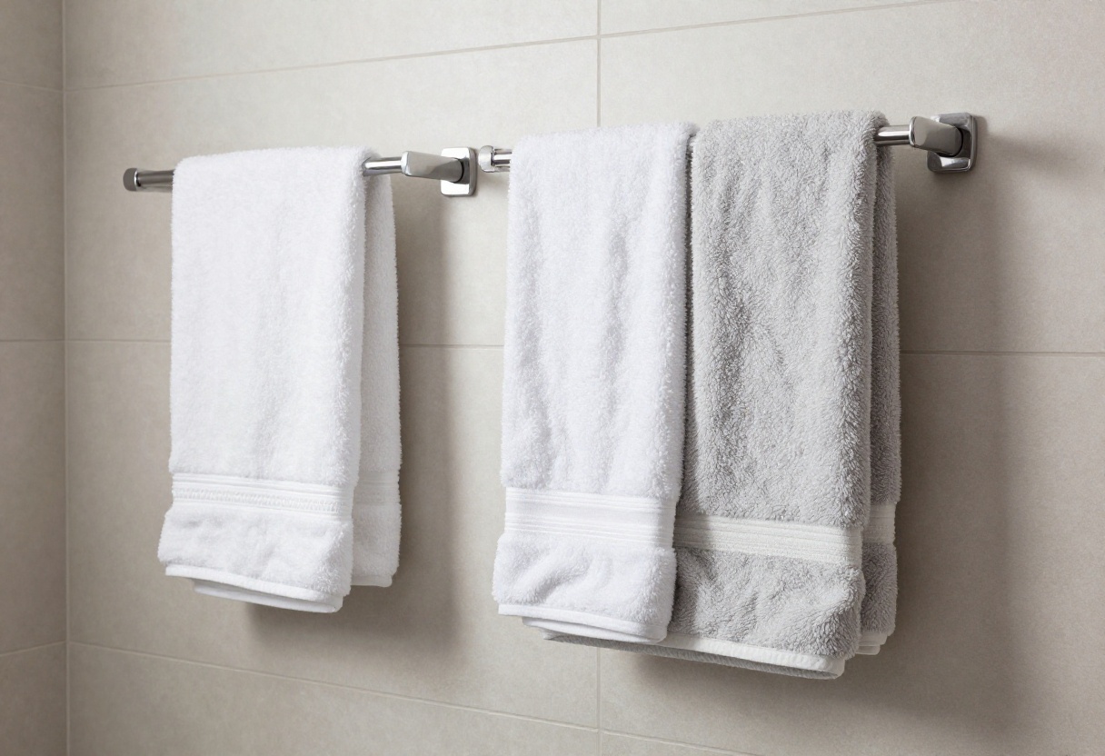 Modern bathroom featuring a wooden ladder towel rack with white and gray towels, showcasing stylish and practical storage in a clean, neutral setting.