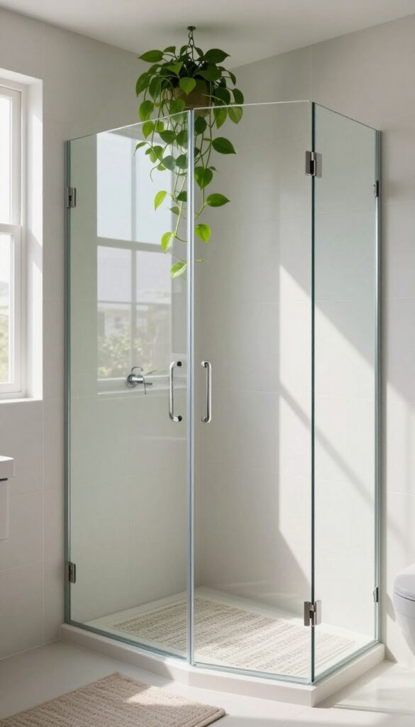 A corner glass shower with hanging pothos plant and neutral bath mat, showcasing finishing touches with plants and textiles in a bright, modern bathroom.