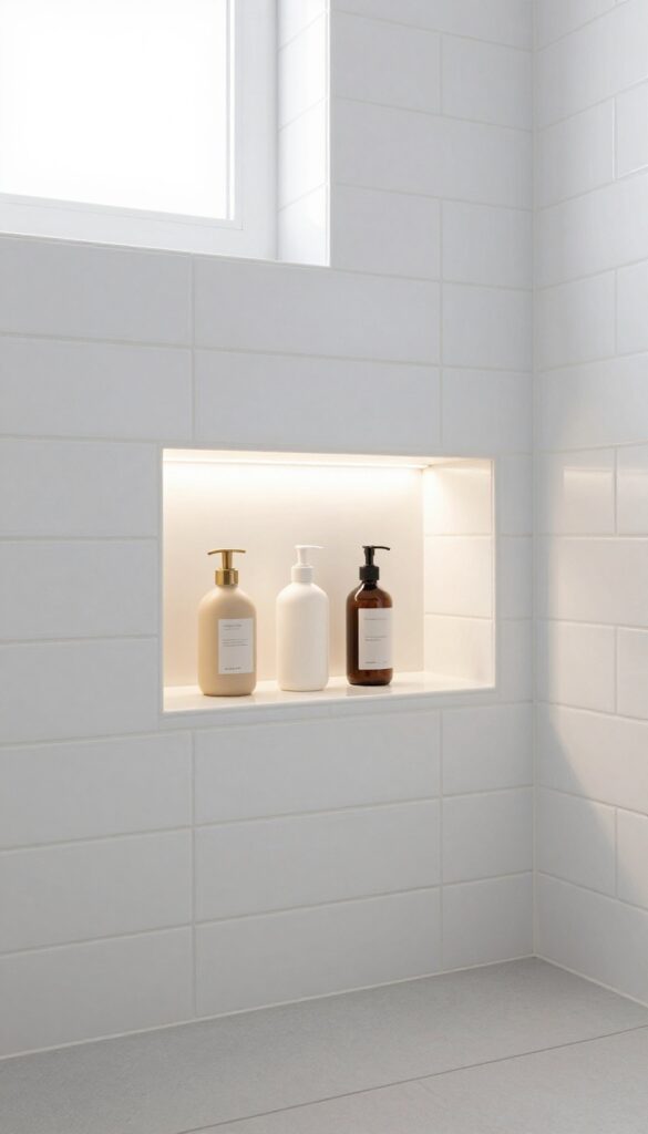 A small walk-in shower with a built-in niche shelf for hidden storage, featuring seamless tile integration and soft LED lighting in bright natural light.