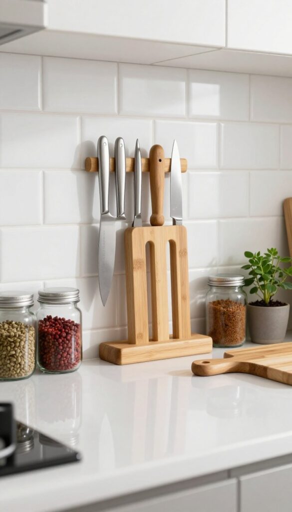 Vertical storage in a single-wall kitchen with magnetic knife strip and spice racks