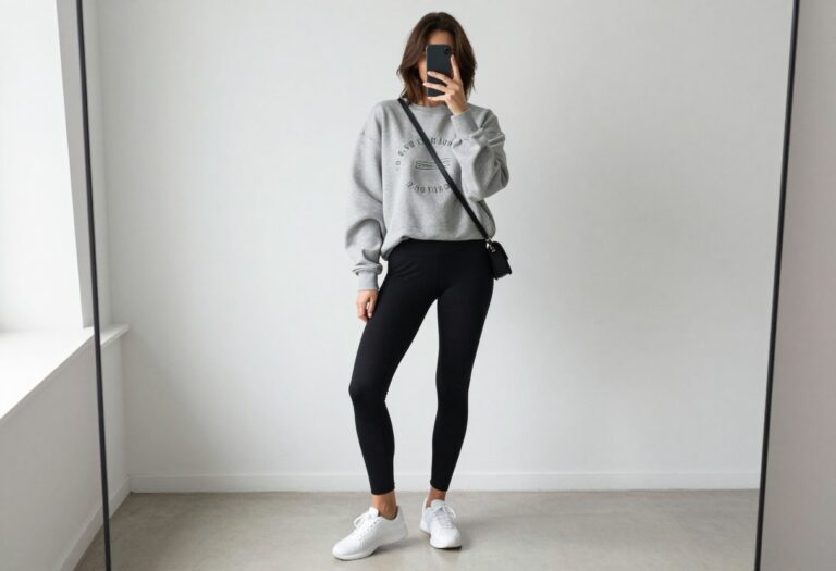 A woman in an oversized graphic sweatshirt and black leggings takes a mirror selfie, holding her phone to partially cover her face. The outfit is casual and stylish, perfect for a football game day.