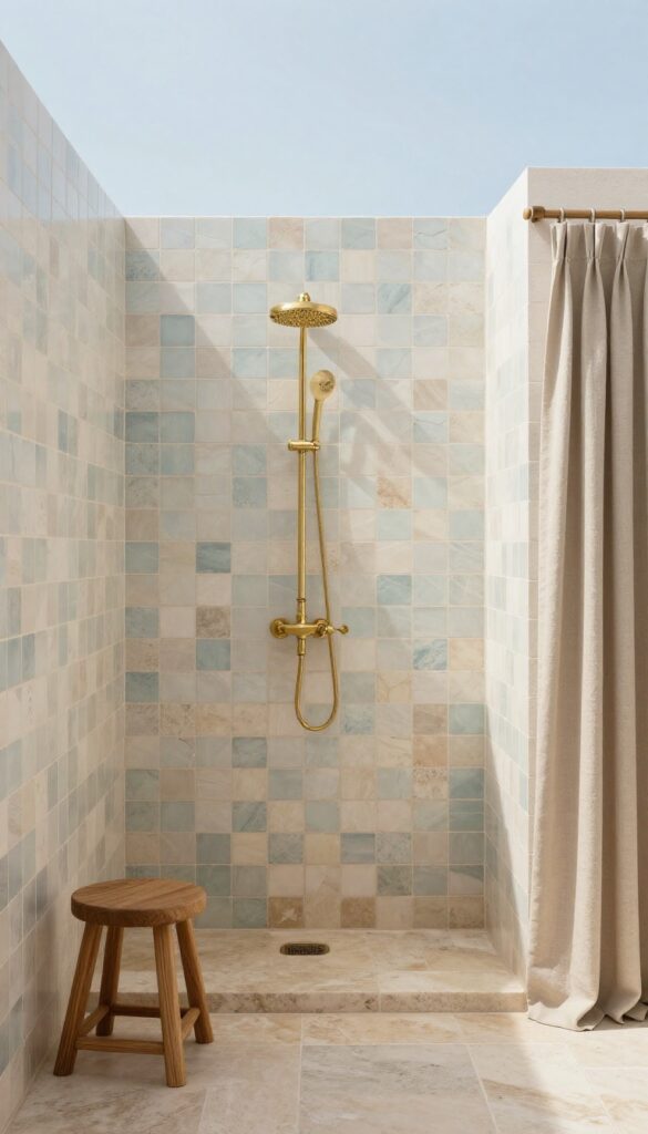 Sky blue zellige shower with brass fixtures and natural stone floor