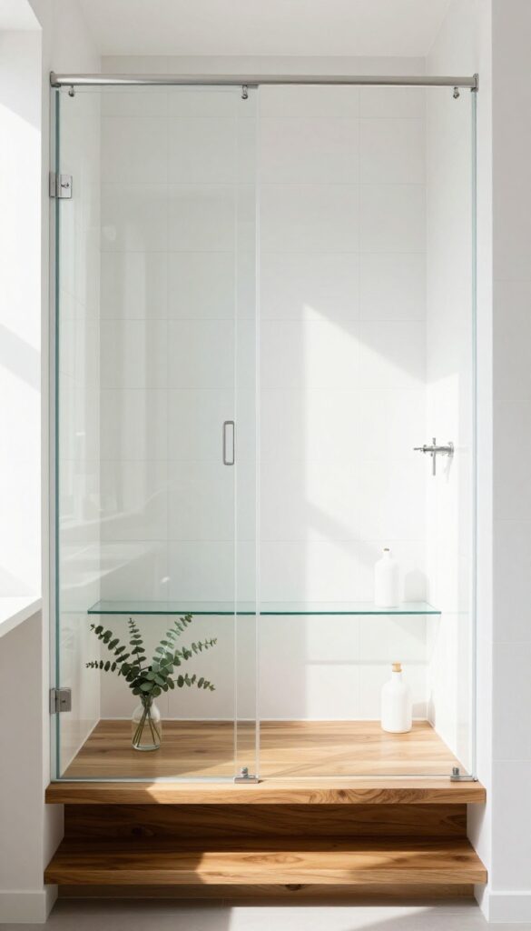 Floating teak bench with open glass shelving in a spacious shower stall