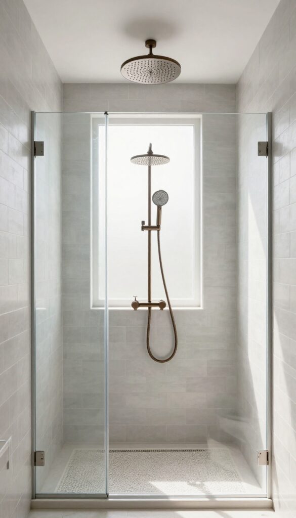 Modern bathroom shower with rain showerhead and handheld on slide bar in oil-rubbed bronze