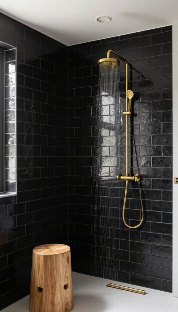 Modern shower with black subway tiles and brass fixtures in bright natural light