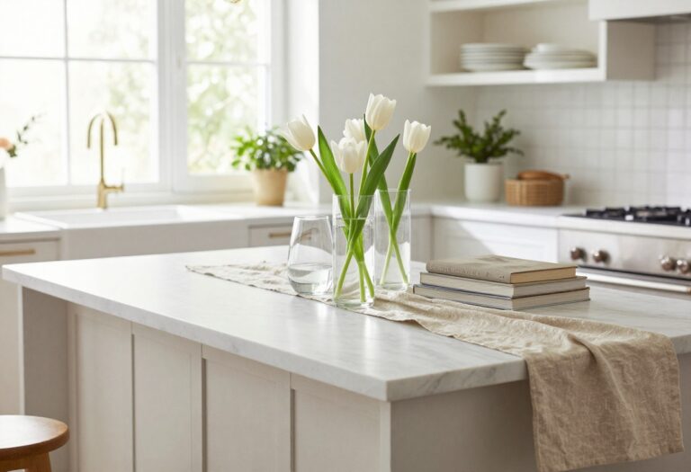 Bright kitchen island decorated with bud vases, cookbooks, and a linen runner in natural light