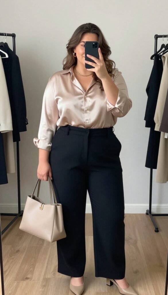 Plus-size woman in high-waisted tailored trousers and a satin blouse, taking a mirror selfie in bright natural light, polished semi-formal outfit