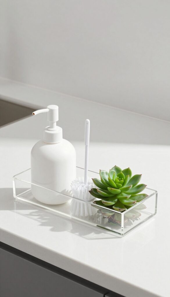 Clear acrylic soap tray on a quartz countertop with white soap dispenser, dish brush, and succulent