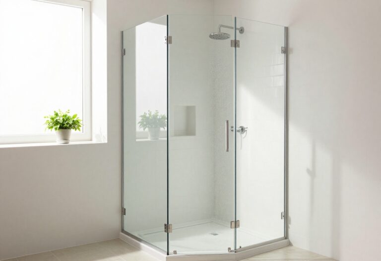 Bright single shower stall with vertical white subway tile and rainfall showerhead