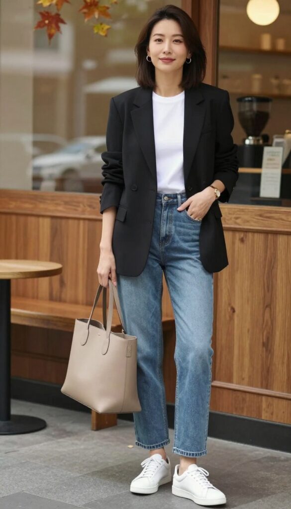 Woman wearing a black tailored blazer, white tee, straight-leg jeans, white sneakers, and beige tote bag, standing outside a coffee shop in fall light.