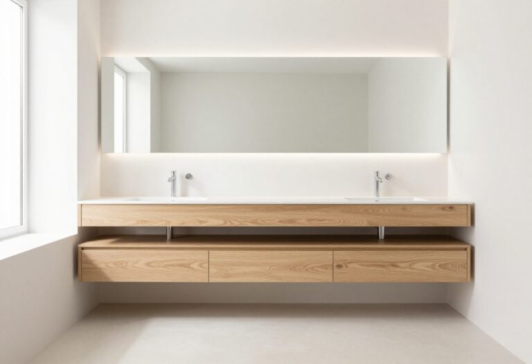 Modern bathroom with floating oak vanity and clean design in natural light