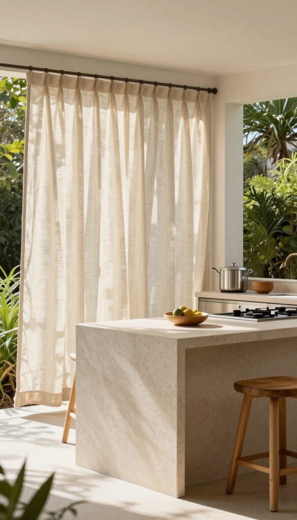 Modern outdoor kitchen with linen curtains on pergola for shade and softness