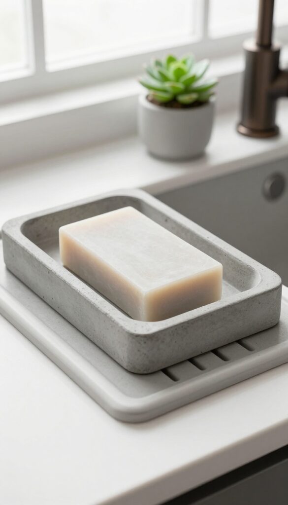 Concrete rectangular soap tray with drain grooves on a kitchen sink, next to a dark bronze faucet and a succulent.