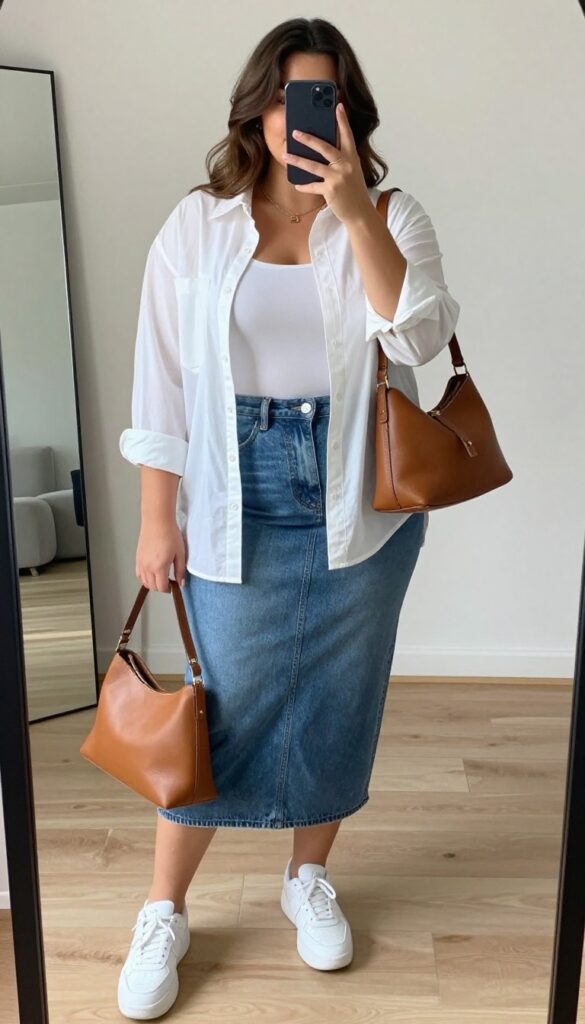 Plus-size woman in denim skirt and oversized white button-down shirt, half-tucked with rolled sleeves, posing in mirror selfie.