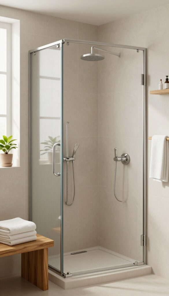 A cozy master bathroom shower with teak bench and cedar shelves, showcasing warm wood accents against neutral tiles for an elevated, inviting look.