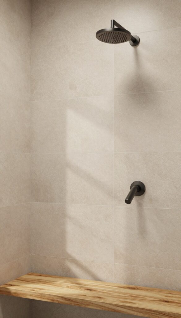 Large textured stone-look tiles in a walk-in shower with matte black fixtures and a wooden bench, natural light highlighting the tile surface.