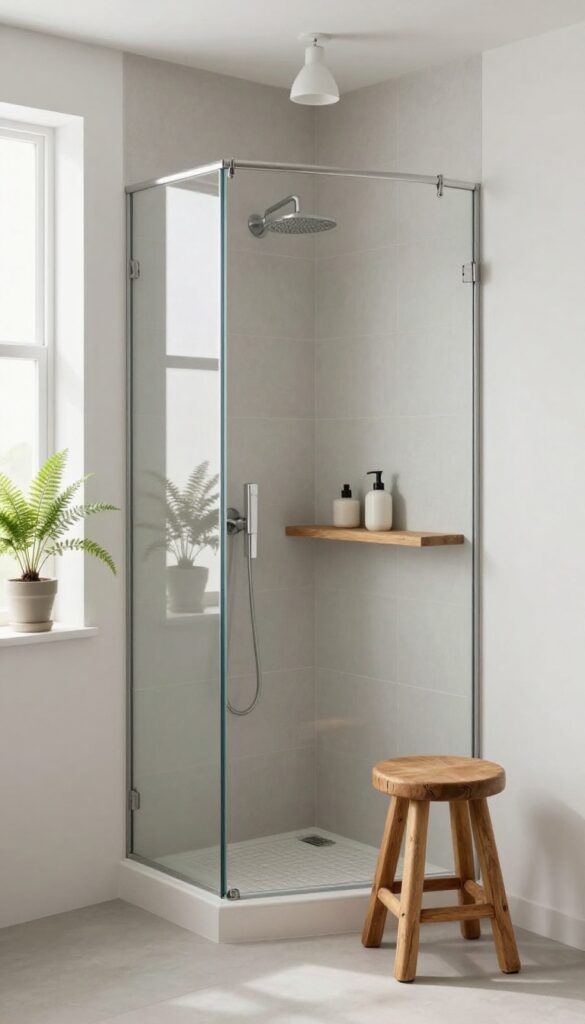 Minimalist farmhouse walk-in shower with neutral tiles, rustic wooden stool, ceramic soap dispenser on floating shelf, small potted fern, and soft pendant lighting in bright natural light.