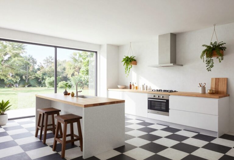 Light and airy modern Minecraft kitchen with white walls, birch counters, large windows, and hanging plants