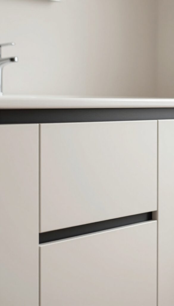 Close-up of matte black cabinet pulls on a bathroom vanity, showcasing an upscale hardware upgrade in a bright, clean setting.