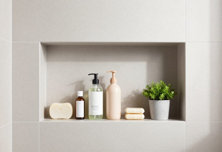 Modern bathroom shower with a tidy built-in tile niche holding organized products in a neutral, stylish setting.