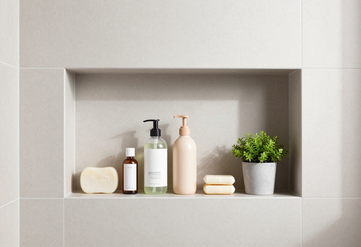 Modern bathroom shower with a tidy built-in tile niche holding organized products in a neutral, stylish setting.