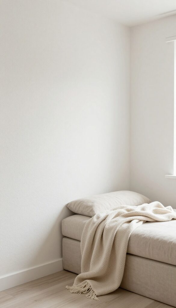 A small spare bedroom with a light color palette using soft whites, warm beiges, and pale grays to make the space feel bigger and more open.