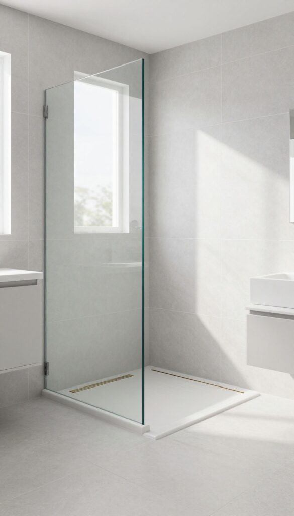 Seamless large-format tile flooring extending from bathroom into curbless shower