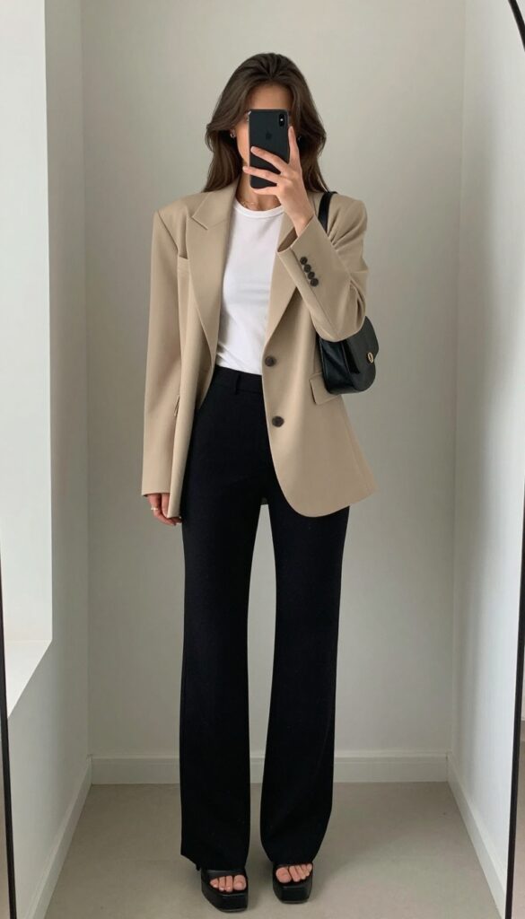 Woman in wide-leg black pants and cropped beige blazer taking a mirror selfie
