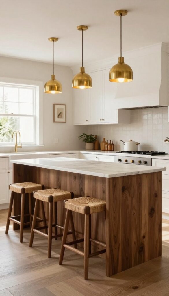 Warm wood kitchen island with brass pendant lighting and seating