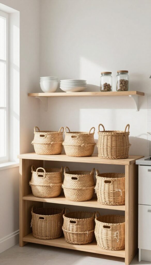 Kitchen hutch with open baskets for storage, woven baskets in natural fibers, bright natural light, clean composition