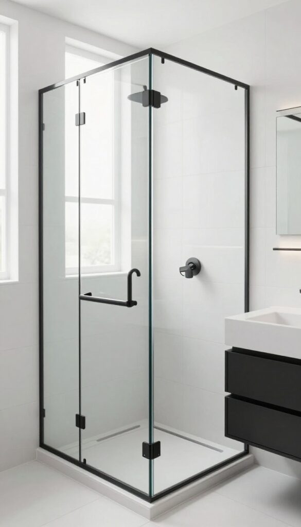 A modern bathroom featuring a frameless glass shower enclosure that creates an airy, spacious feel with bright natural light and clean design elements