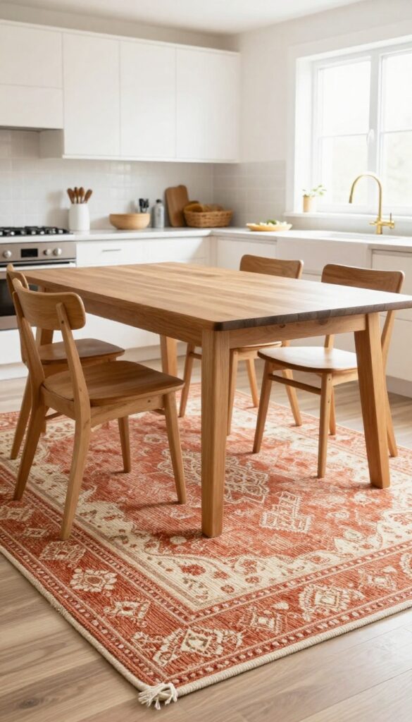 Cozy Sims kitchen with a statement rug under a dining table in an open-plan layout, warm natural light, patterned terracotta and cream rug.