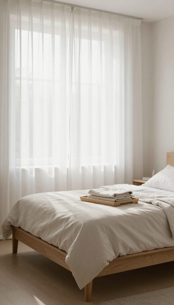 Cozy bedroom with upholstered bench at foot of bed, neutral decor, natural light