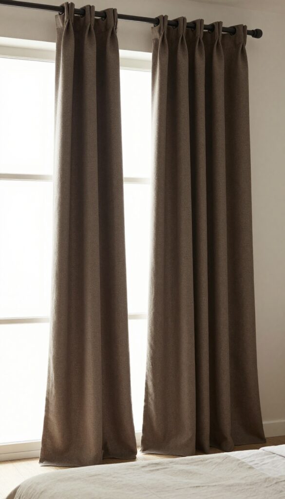 Dark brown curtains in a cozy bedroom with natural light and neutral decor