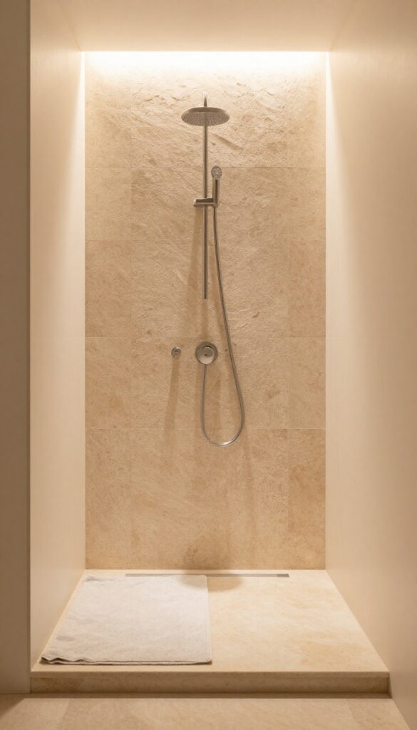 A realistic photo of a master bathroom with heated floors under tile, showcasing cozy warmth and spa-like comfort in a clean, bright setting.