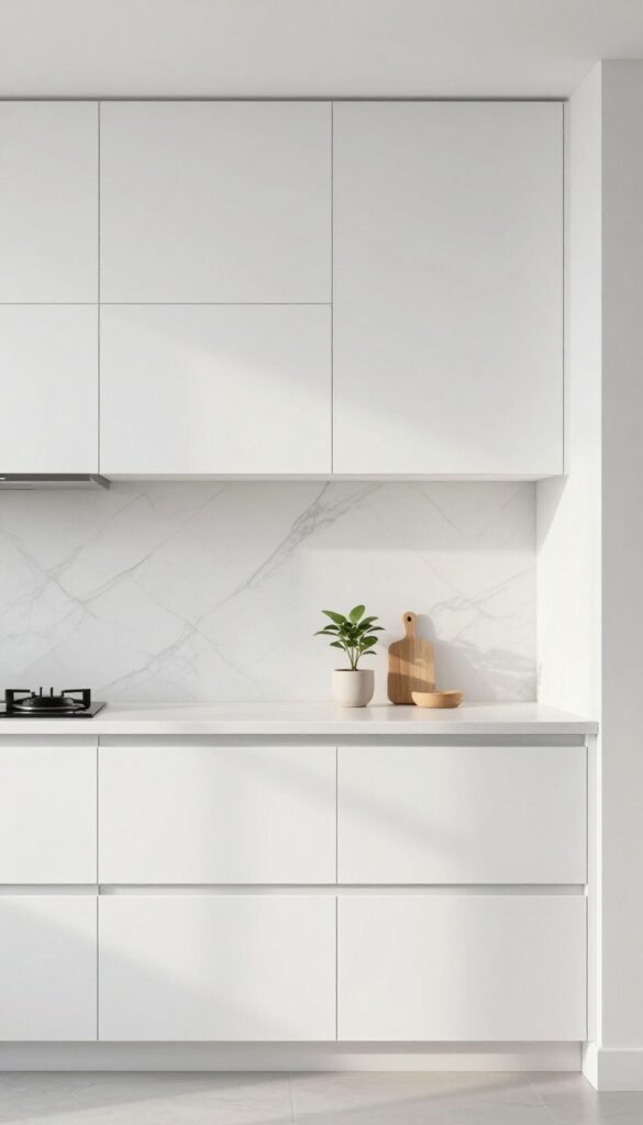 A modern apartment kitchen with a temporary peel-and-stick backsplash in a marble herringbone pattern, bright natural light, and minimal decor.
