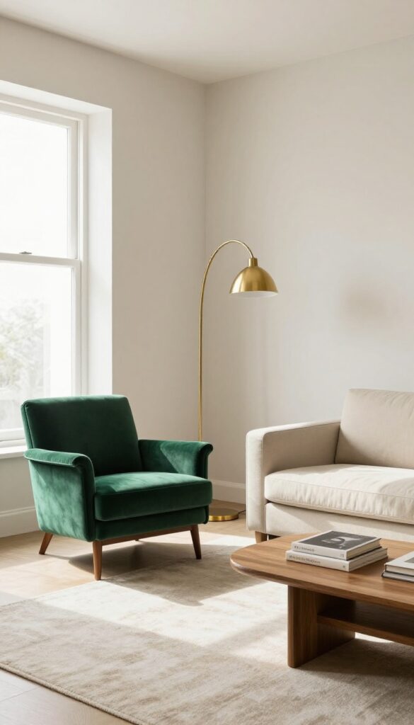 A grown-up living room with a bold emerald green velvet accent chair and a dramatic brass floor lamp as statement pieces in a neutral, sunlit space.