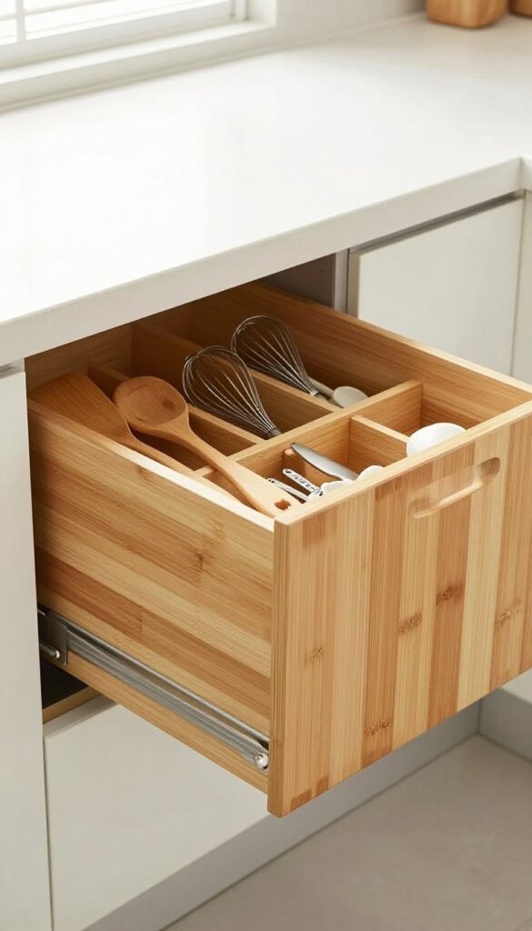 Open kitchen drawer with bamboo dividers organizing utensils by category, bright natural light