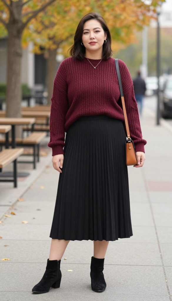 A plus-size woman wearing a classic black pleated long skirt and a statement textured sweater with ankle boots and accessories, styled for a casual fall outing in an urban setting.