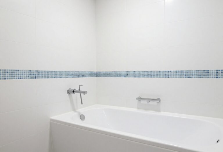 Modern bathtub shower with mixed tile textures and a blue mosaic accent, featuring wood details and soft lighting in a stylish bathroom setting.