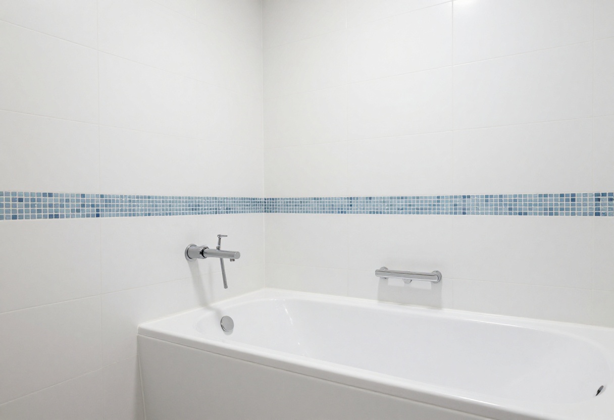 Modern bathtub shower with mixed tile textures and a blue mosaic accent, featuring wood details and soft lighting in a stylish bathroom setting.
