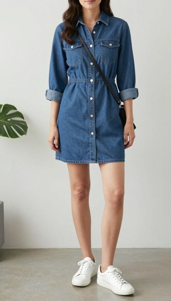 Woman in relaxed-fit denim dress with rolled sleeves, white sneakers, and crossbody bag at a kids' birthday party