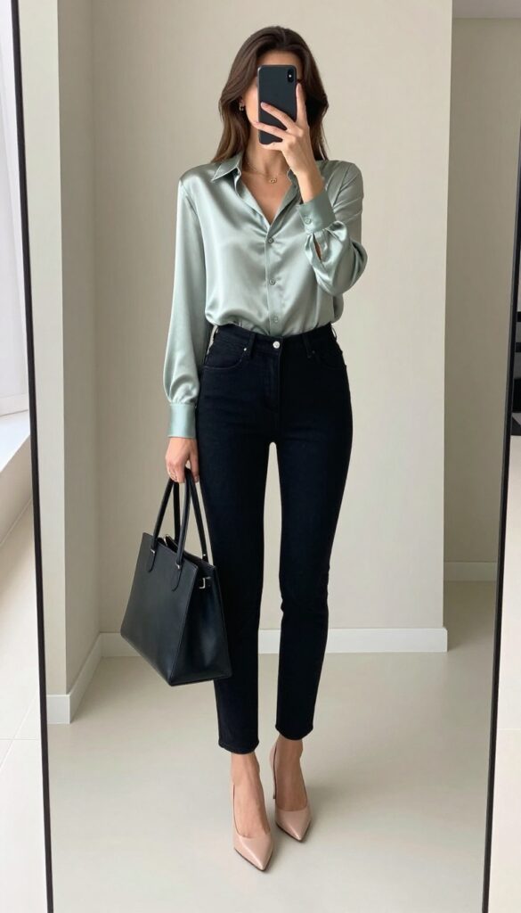 Woman in black jeans and tucked sage green satin blouse posing in mirror selfie in bright office hallway.